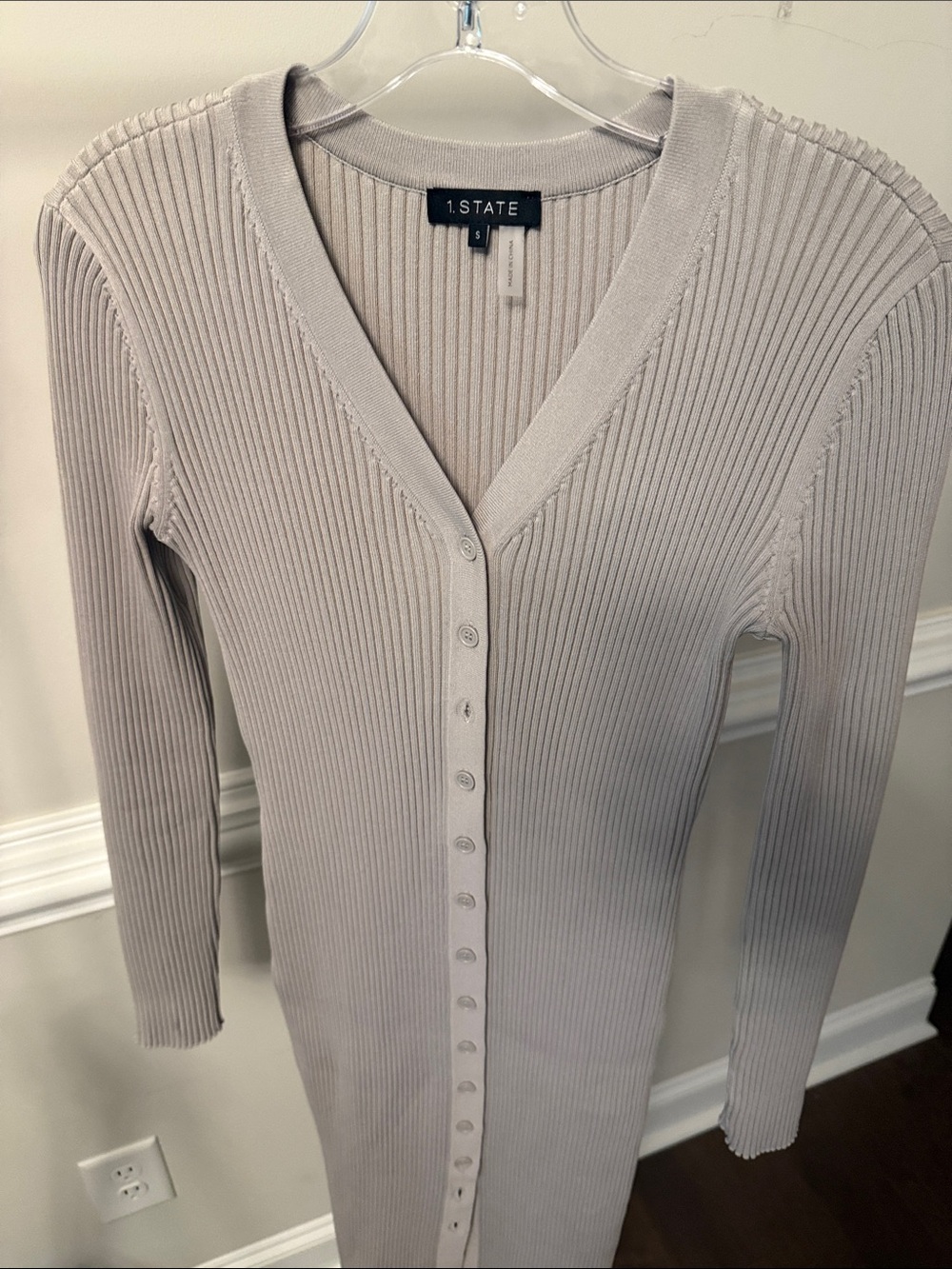 1. State Ribbed Button-Front V-Neck Cardigan Dress - Light Taupe